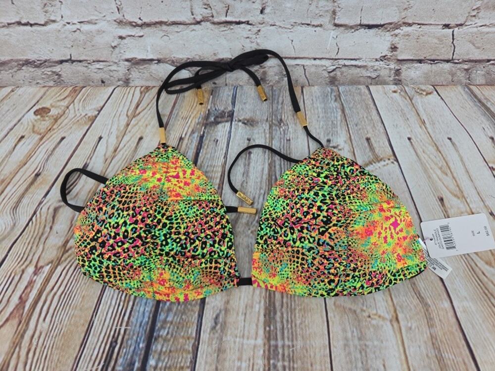 A Che Swim Top Size Large NEW Neon Leopard Print Strong Bikini Top Lightly Pad